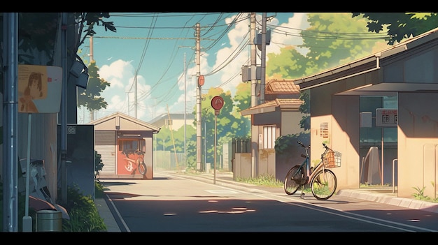 Anime scene of a bicycle parked on the side of a street generative ai