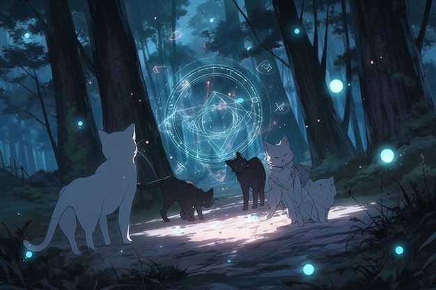 anime scene of three cats and a dog in a forest generative ai