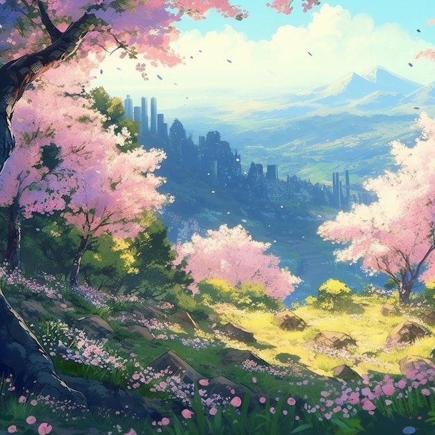 anime scenery of a beautiful mountain landscape with a tree and flowers generative ai