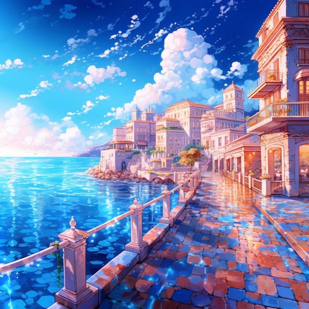 Anime scenery of a beautiful seaside town by the sea generative ai