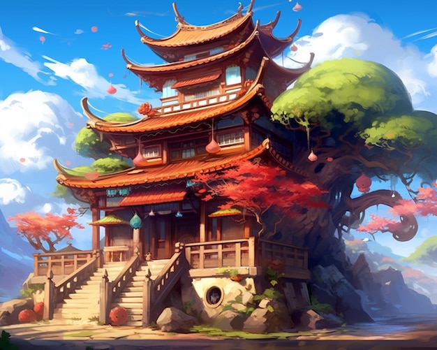 Anime scenery of a chinese temple with a tree and stairs generative ai