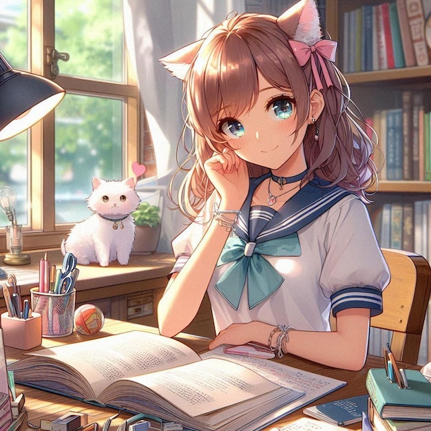 Photo anime school girl studying at desk