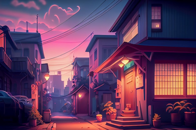 Anime small town with private houses Generative AI