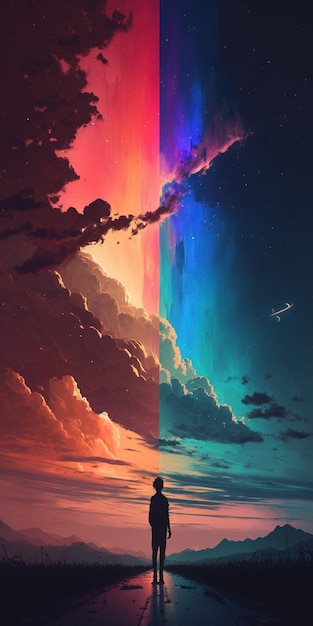 Anime style artwork of a man standing in front rainbow colored sky generative ai