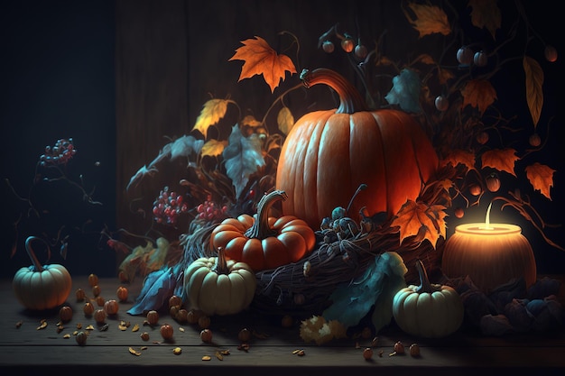 Anime style autumn composition including pumpkins and physalis on a dark wooden background