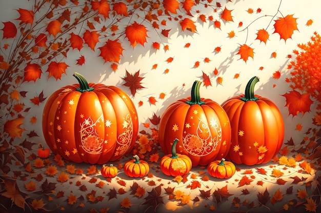 anime style autumn composition with fresh pumpkins on a white backdrop