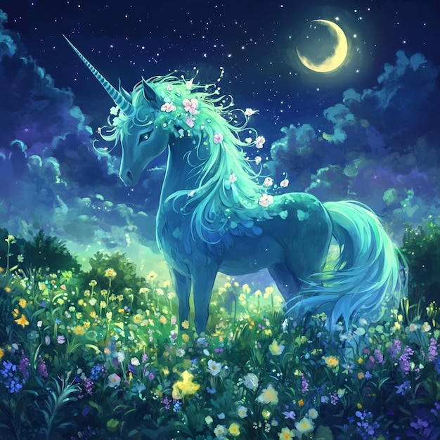 Photo anime style blue green unicorn in a glowing meadow under a starry sky