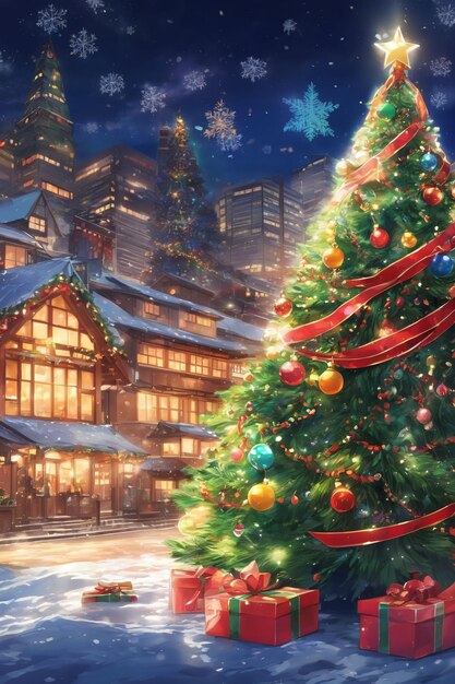 Anime style Christmas tree decorated with blinkers with gift boxes Aroundxmas wallpaper