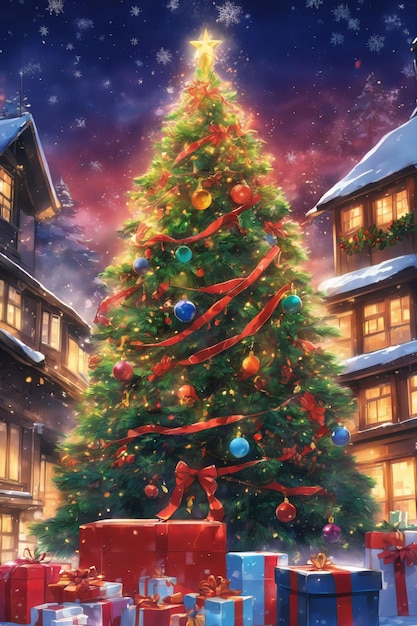 Anime style Christmas tree decorated with blinkers with gift boxes Aroundxmas wallpaper