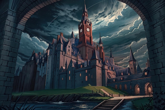 anime style a dark castle in the night