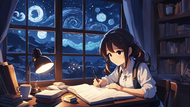 Photo anime style of a girl at her desk illuminated by a desk lamp with books and papers scattered around