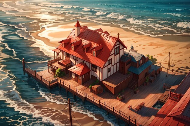 anime style a house on the beach with a red roof