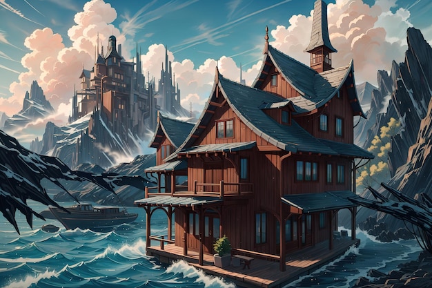 anime style a house on the water with mountain background