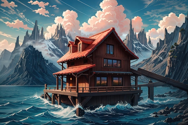 anime style a house on the water with mountain background