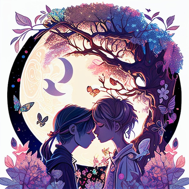 Anime style illustration of a couple kissing in front full moon generative ai