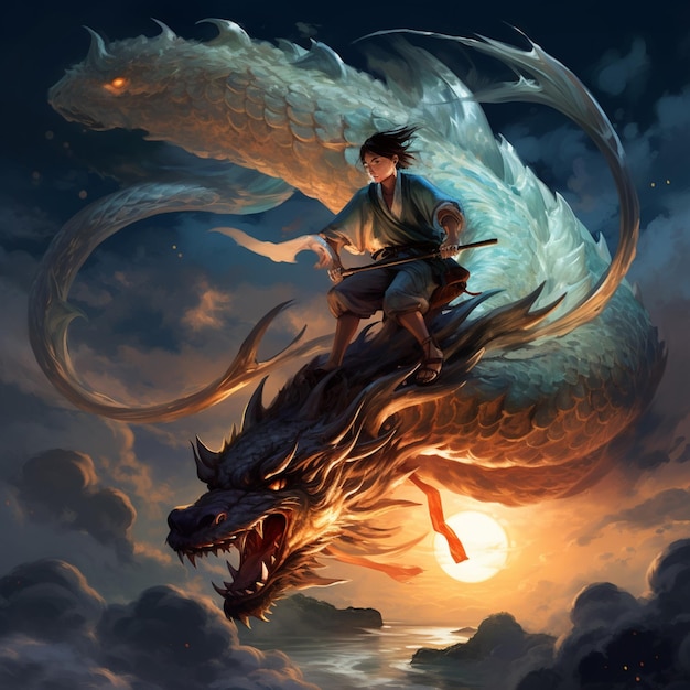 anime style illustration of a man riding a dragon with a sword generative ai