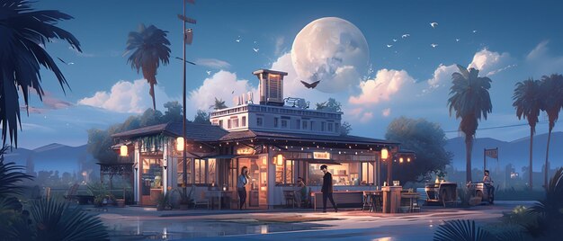 anime style illustration of a restaurant with a full moon in the background