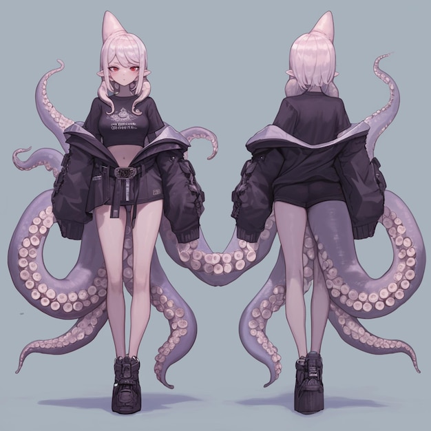 anime style illustration of a woman in a black outfit with an octopus like tail generative ai