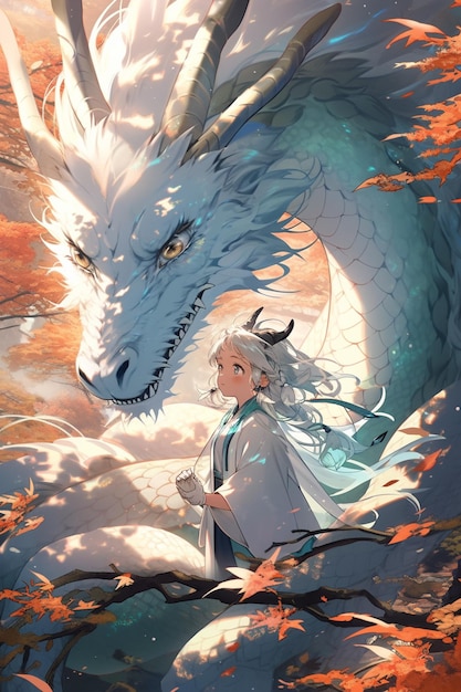 anime style illustration of a woman and a dragon in a forest generative ai