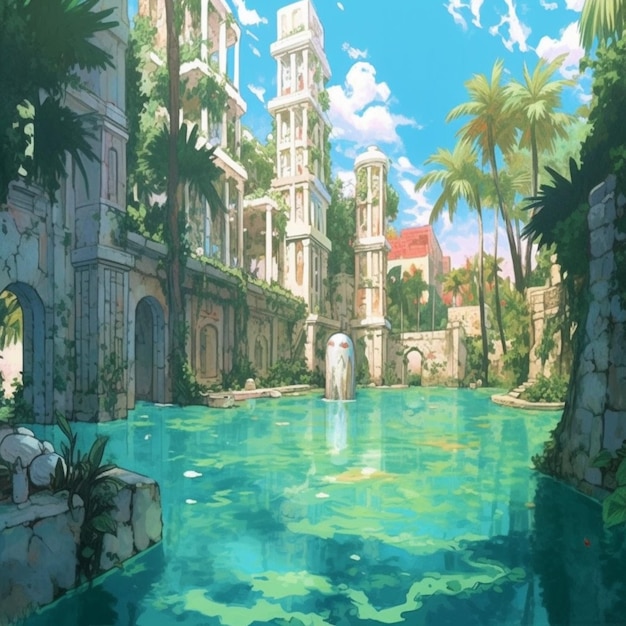 Anime style image of a city with a fountain and a clock tower generative ai