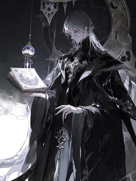 anime style image of a male character dressed in black holding a book generative ai