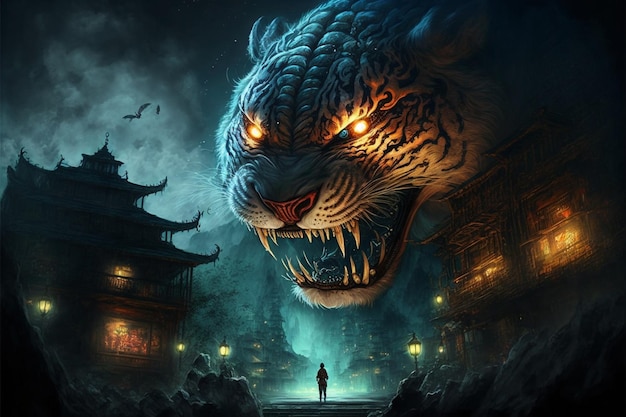 Anime style image of a tiger head with man standing in front building generative ai