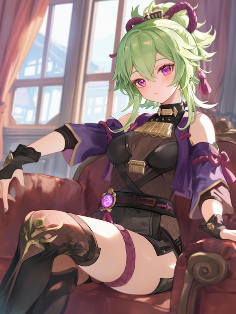 anime style image of a woman sitting in a chair with a green hair generative ai