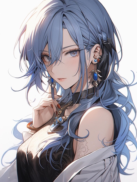 Anime style image of a woman with blue hair and piercings generative ai