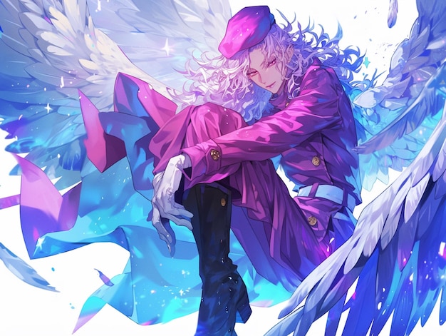 anime style image of a woman with a pink hat and wings generative ai