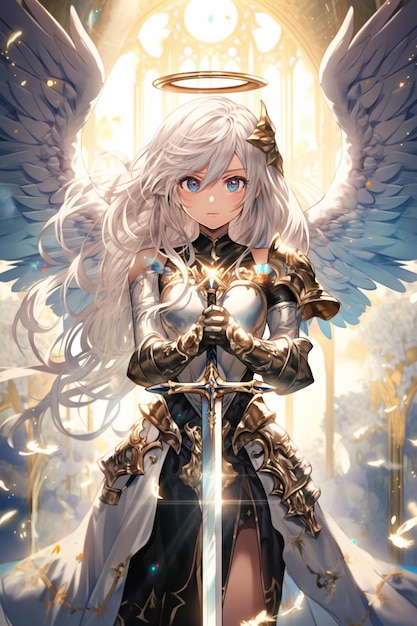 anime style image of a woman with a sword and angel wings generative ai