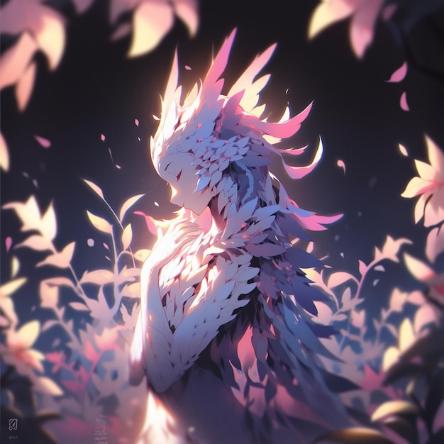 Anime style image of a woman with a white feathered head and pink feathers generative ai