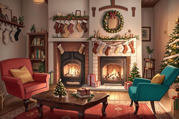 anime style a living room with a fireplace and a Christmas tree in the corner