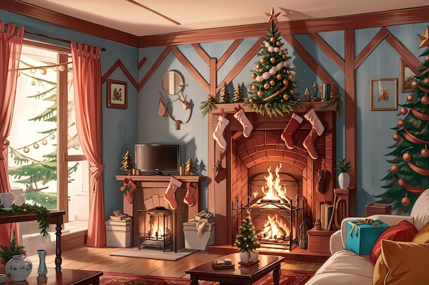 anime style a living room with a fireplace and a Christmas tree in the corner