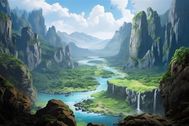 Anime style mountains landscape