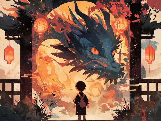 anime style painting of a boy standing in front of a dragon generative ai