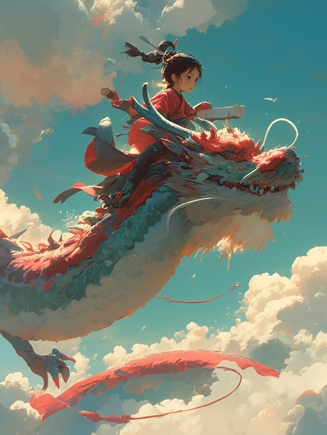 anime style painting of a girl riding a dragon in the sky generative ai