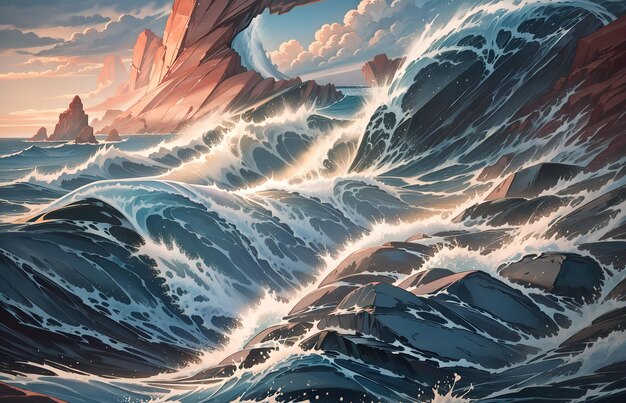 anime style a painting of rocks with waves crashing against them