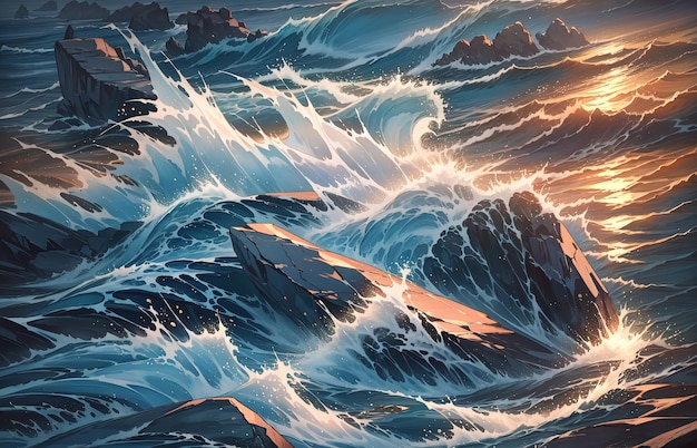 anime style a painting of rocks with waves crashing against them