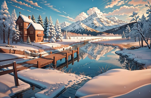 anime style a painting of a snowy landscape with a lake in the foreground