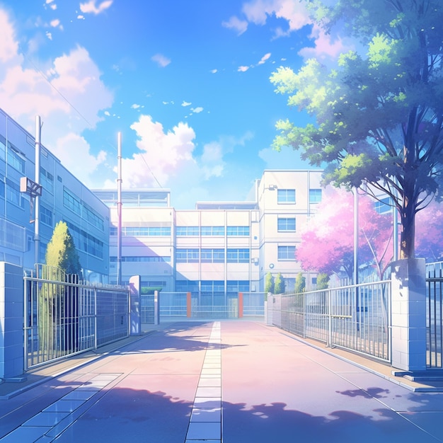 anime style scene of a street with a building and trees generative ai