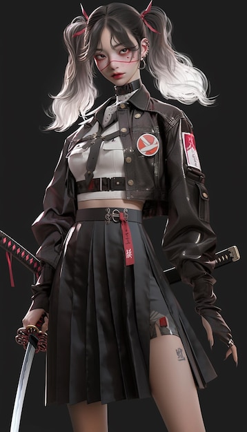 anime style woman in a skirt and jacket holding two swords generative ai