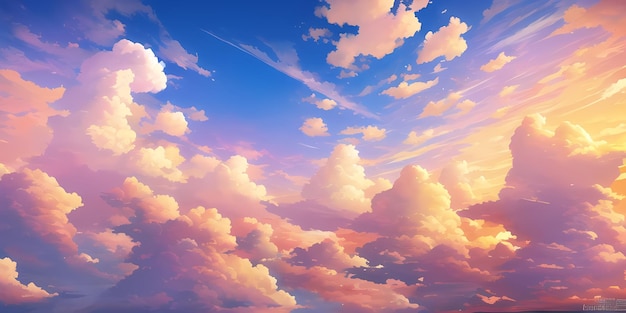 Anime Sunny Day Blue Sky Sun shine White Fluffy Clouds Bright Weather in Summer Season cartoon