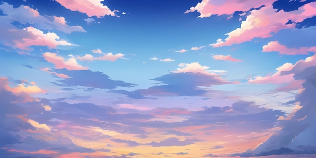 Anime Sunny Day Blue Sky Sun shine White Fluffy Clouds Bright Weather in Summer Season cartoon