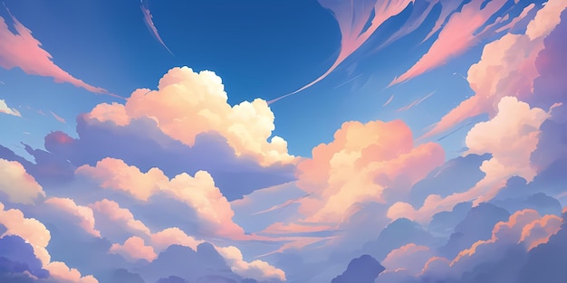 Anime Sunny Day Blue Sky Sun shine White Fluffy Clouds Bright Weather in Summer Season cartoon