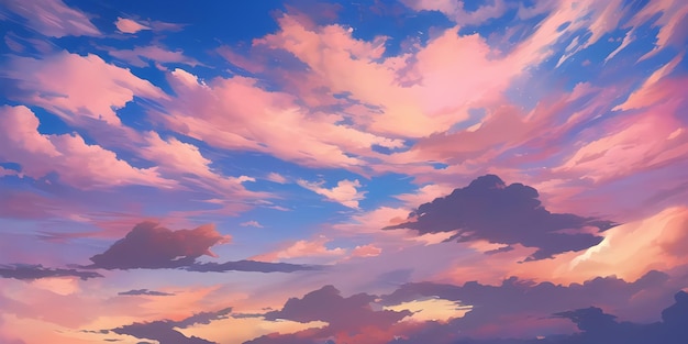 Anime Sunny Day Blue Sky Sun shine White Fluffy Clouds Bright Weather in Summer Season cartoon