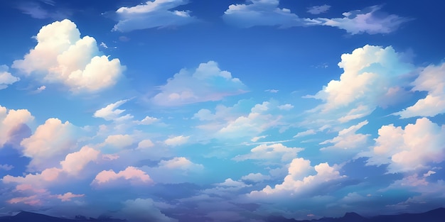 Anime Sunny Day Blue Sky Sun shine White Fluffy Clouds Bright Weather in Summer Season cartoon