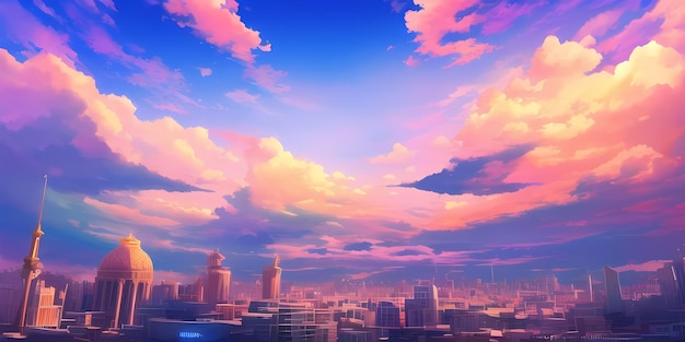 Anime Sunny Day Blue Sky Sun shine White Fluffy Clouds Bright Weather in Summer Season cartoon