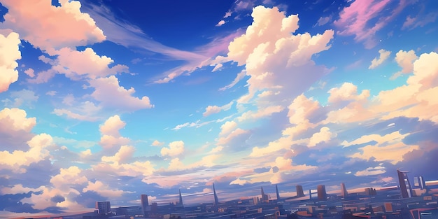 Anime Sunny Day Blue Sky Sun shine White Fluffy Clouds Bright Weather in Summer Season cartoon