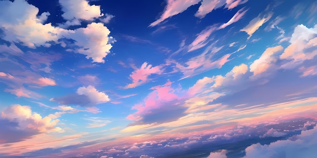 Anime Sunny Day Blue Sky Sun shine White Fluffy Clouds Bright Weather in Summer Season cartoon