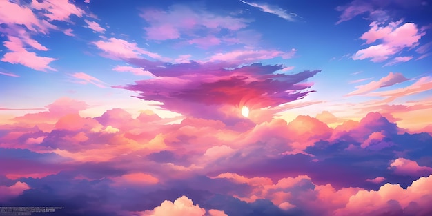 Anime Sunny Day Blue Sky Sun shine White Fluffy Clouds Bright Weather in Summer Season cartoon